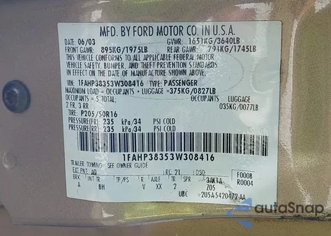 2003 Ford Focus Zts z USA, uszkodzony, nr VIN 1FAHP38353W308416